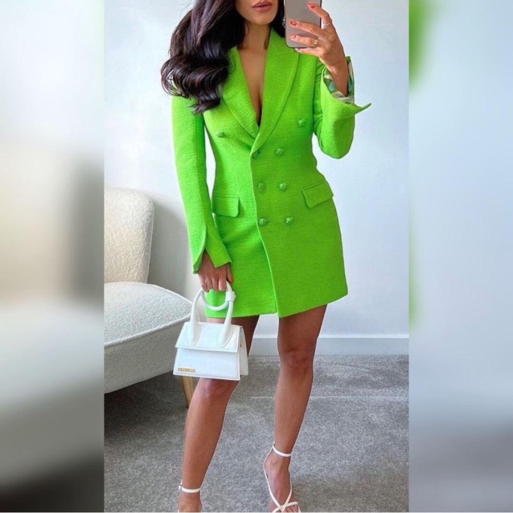 Zara Neon Green Double-Breasted Long Sleeve Dress